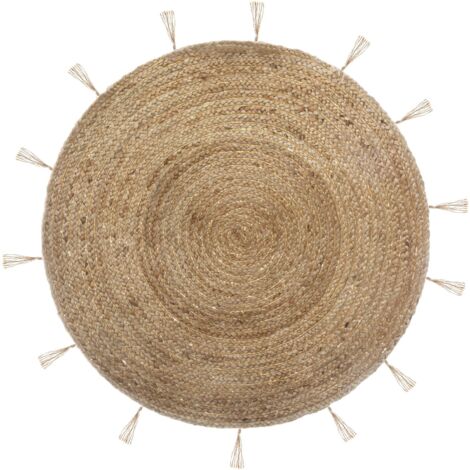 Atmosphera – Tapis rond en jute et lurex 80 cm – Épaisseur 1 cm – Beige avec motifs dorés – Franges décoratives pour ambiance chaleureuse
