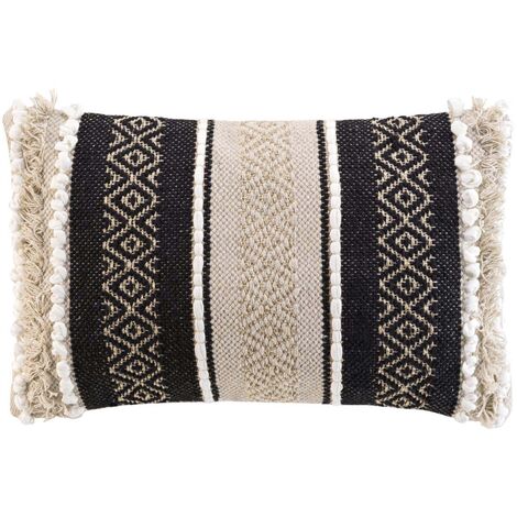 Homemaison – Coussin ethnique déhoussable 30x50 cm – 57% coton, 34% polyester – Motif avec broderies et pompons – Lavable à 30°C