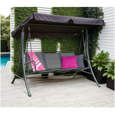 Homemaison – Balancelle de jardin 3 places en acier inoxydable – Assise textilène – Toit en polyester anti-UV – Dimensions 194x126x163 cm – Gris anthracite (1/4)