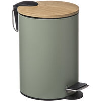 5Five Simply Smart – Poubelle de salle de bain 3L en métal vert kaki avec couvercle en bambou – Pédale silencieuse – Dimensions 22,5 x 17 x 23 cm