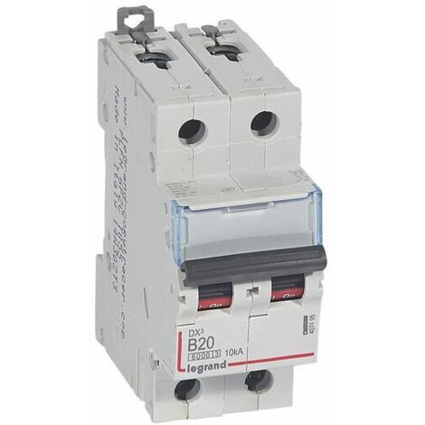Disjoncteur DX³6000 10kA arrivée haute et départ bas à vis 2P 230V à 400V - 20A - courbe B - 2 modules - LEGRAND