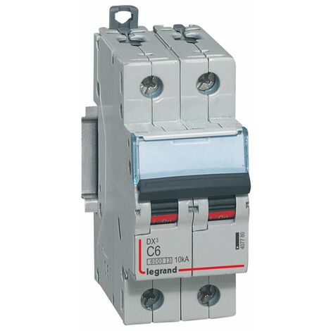 Disjoncteur DX³6000 10kA arrivée haute et départ bas à vis 2P 230V à 400V - 6A - courbe C - 2 modules - 407780 - LEGRAND