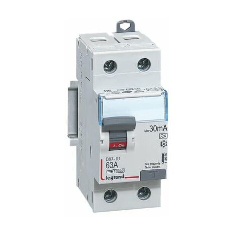 Interrupteur différentiel DX³-ID arrivée haute et départ bas à vis - 2P 230V 63A typeA 30mA - 2 modules - 411556 - LEGRAND