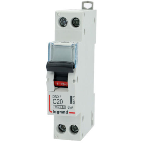 Disjoncteur Phase+Neutre DNX³4500 6kA arrivée et sortie borne à vis - 1P+N 230V 20A courbe C - 1 module - 406775 - LEGRAND