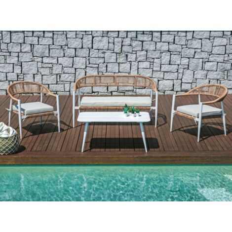 Salottino per Esterni con Divano, Poltrone e Tavolino Colore Bianco Arredamento per Hotel, Giardini, Bar (1/5)
