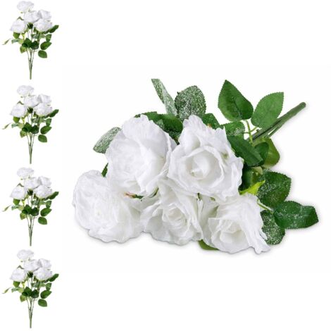 Set 4 Mazzi di Rose Bianche Artificiali Effetto Innevato - Fiori Natalizi (1/2)
