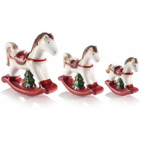3 Decorazioni Natalizie in Ceramica a Forma di Cavalli a Dondolo - Idea Regalo