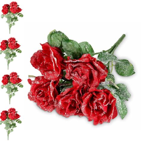 Set 4 Mazzi di Rose Rosse Artificiali Effetto Innevato (1/2)