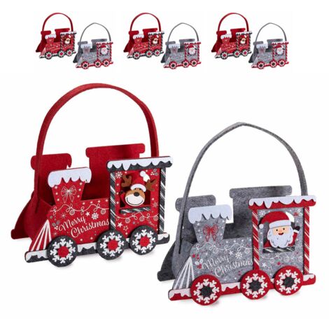 Borsette natalizie in panno a forma di trenino con Babbo Natale e renna set 6 pezzi assortiti 20,5x9x13 cm (1/3)