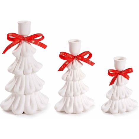 Candelabri natalizi a forma di albero con fiocco rosso in porcellana opaca set 3 pezzi (1/2)