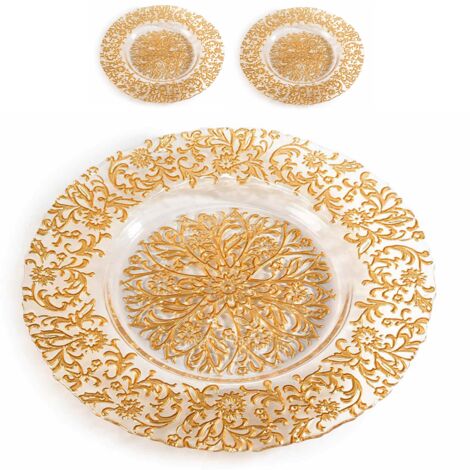 Piatti tondi in vetro con decoro dorato effetto ricamo set 2 pezzi (1/3)
