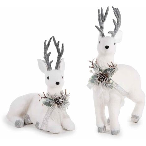 Renne natalizie bianche floccate con fiocco, pigne e dettagli glitter (1/2)