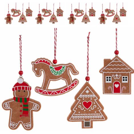 Set 20 decorazioni Natalizie da appendere in panno fantasia pan di zenzero, figure assortite (1/3)