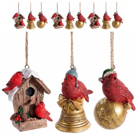 Set 9 decorazioni Natalizie in resina con uccellini da appendere (1/2)