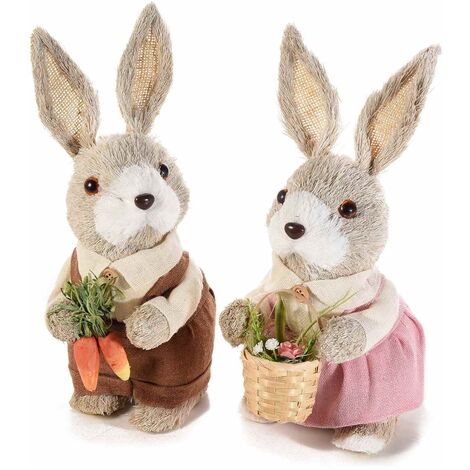 Conigli Pasquali decorativi con abito cestino e carote set 2 decorazioni  Pasquali