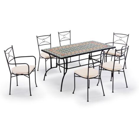 Set pranzo da giardino 6 posti con 1 tavolo rettangolare in mosaico di ceramica 2 poltrone 4 sedie e cuscini