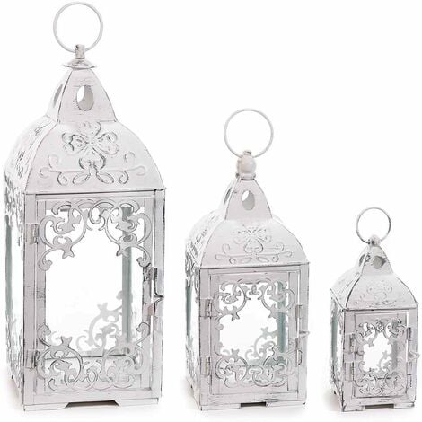 Lanterne Portacandela Shabby Chic con Decorazioni in Rilievo in Metallo  Colore Bianco Anticato Set da 3
