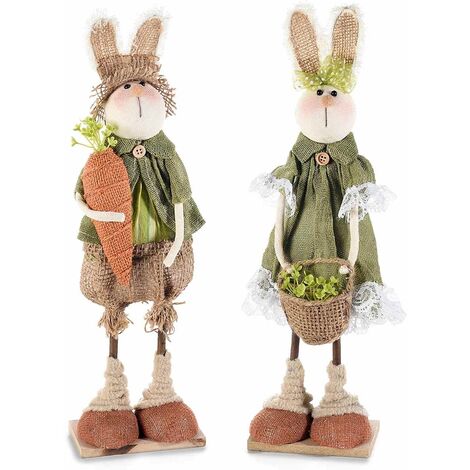 Conigli Pasquali con Abito in Juta Set da 2 Decorazioni Artigianali per Casa e Negozi