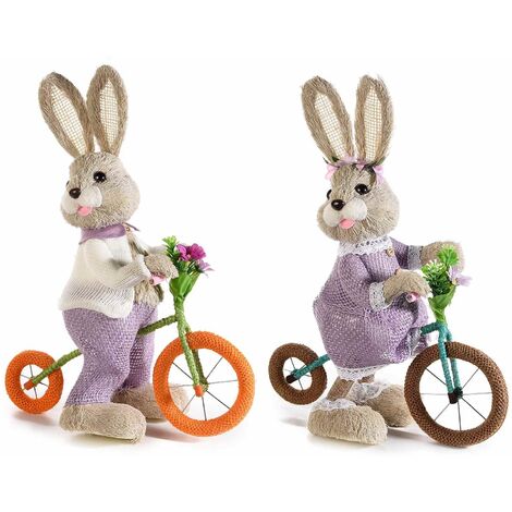 Coppia di Coniglietti Pasquali in Paglia con Bicicletta e Abito Decorazione Artigianale per la Casa Idea Regalo per Pasqua Set da 2