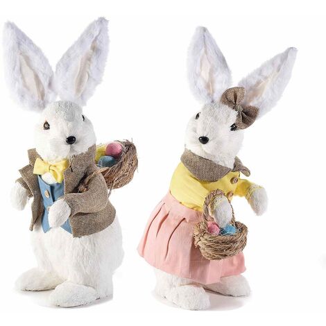 2x Coniglietti Pasquali Decorativi in Fibra Naturale con Cestino, Vestito e Uova