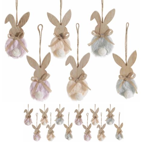Coniglietti Pasquali da Appendere Decorazione per Casa e Negozi In legno e Eco Pelliccia Set 12 Pezzi (1/3)