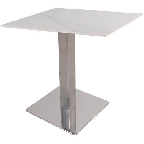 Tavolo bar pietra sinterizzata effetto marmo bianco uso interno esterno 80x80 cm base silver quadrata