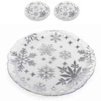 Piatti natalizi tondi in vetro con decori argentati a fiocco di neve - Set 2 pezzi Ø32,5 cm