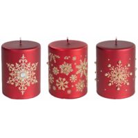 Candele natalizie rosse con fiocchi di neve dorati e brillantini oro set 3 pezzi