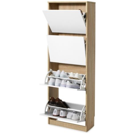 Zapatero Rin 53AB TOPKIT Armario zapatero 4 puertas estrecho alto Medidas: 161x54x25 cm blanco Roble y Blanco