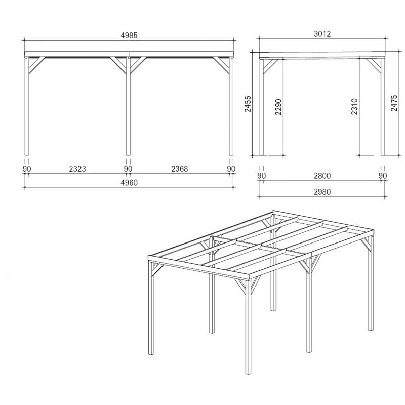 Carport Pergola in Legno 3x5 Gazebo Tettoia Garage Auto senza Copertura