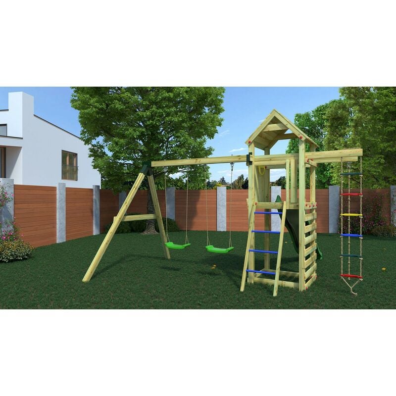 Parco Giochi in Legno da Giardino per Bambini Torretta Altalena Scivolo