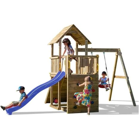 Parco Giochi in Legno con Altalena Scivolo Rampa con Corda Sabbiera 310x460x282 cm (1/5)