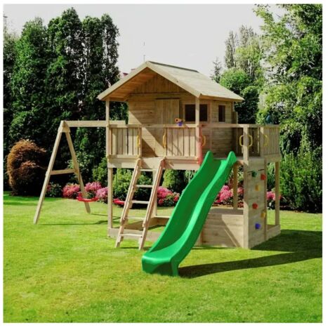 Parco Giochi Casetta in Legno con 2 Altalene e Scivolo 491x593x314cm (1/5)