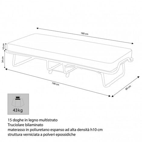 Branda Pieghevole con materasso Singolo 80 cm x 190 cm 24 cm