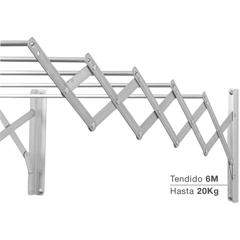 Tendedero 5 barras extensible para pared de aluminio, 7 metros de tendido