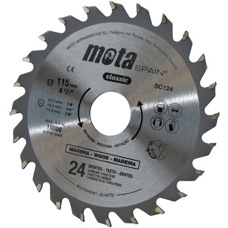 Disco de tungsteno con insertos de widia para sierra y corte madera Ø115mm de 24 dientes (1/2)