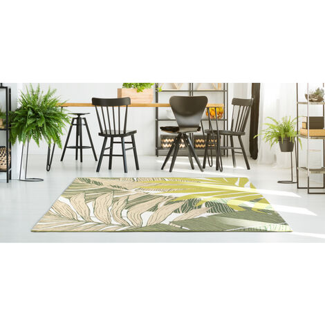 Tapis Salon, Chambre, Cuisine Effet Jute Motifs Feuillage Tropiques  Vert/Beige 150X200CM- Décoration- Mobilier d'intérieur