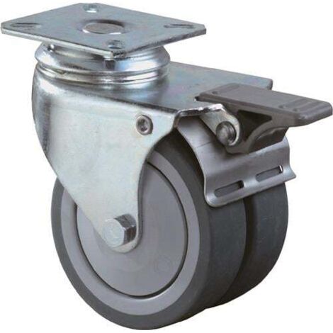 Roulette double orientable avec frein 50 mm 60 kg avec blocage caoutchouc gris 60 x 60 mm (1/4)