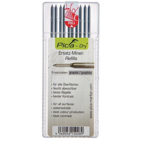 Etui de 10 mines Pica Dry graphite noir – Mines solubles à l'eau – Précision d'écriture – Résistance à la casse – 4030