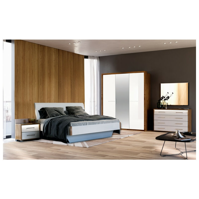 Chambre Niko , blanc laqué et chêne clair 160x200 cm - sans armoire