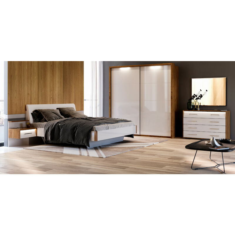 Chambre Niko II , blanc laqué et chêne clair 180x200 cm - sans armoire
