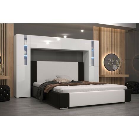 Viva – Tête de lit armoire PANAMA – Design moderne blanc brillant – Largeur 256 cm, hauteur 184 cm, profondeur 35 cm – Structure en panneau de particules (1/3)