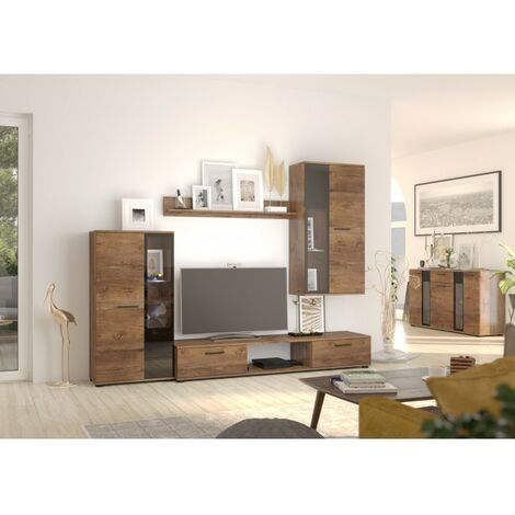 Azura Home Design – Ensemble meuble TV 159 cm en chêne foncé – Panneau laminé 15 mm – Étagère et armoire murale incluses – Plusieurs couleurs disponibles (1/3)