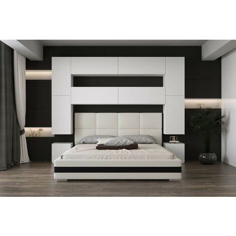 Viva – Tête de lit armoire pont de lit blanc 240x223x35cm – Panneau de particules – Pour chambre moderne – Style contemporain (1/2)
