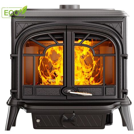 Viva – Poêle à bois en fonte SPARTA S10 ECO 13,9 kW – Rendement 77 % – Émissions faibles – Vitre Robax résistante 800 °C – Pour grands espaces jusqu'à 120 m²