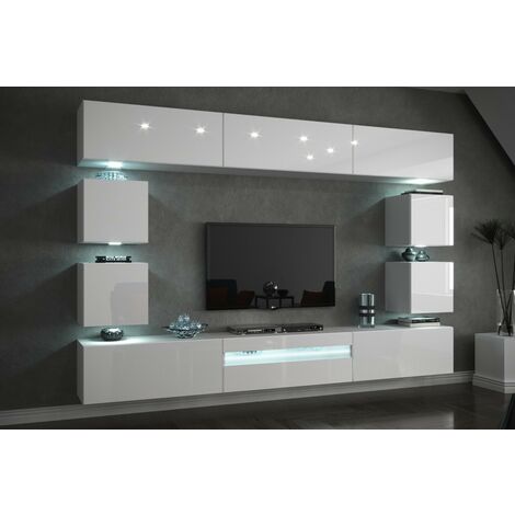 Viva – Ensemble meuble TV 273 cm – Façade MDF laqué blanc brillant – Système push-to-open – Lumières LED incluses (1/2)