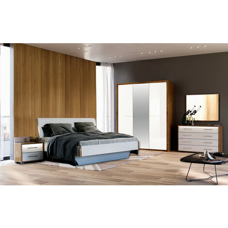 Chambre Niko , blanc laqué et chêne clair 160x200 cm - sans armoire