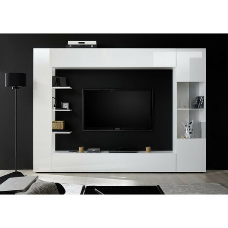 Azura Home Design – Ensemble meuble TV SOPRANO blanc laqué 295 cm – Structure aggloméré 16 mm – Charnières métal – Design minimaliste (1/2)