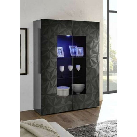 Azura Home Design – Vitrine 2 portes LUTHER anthracite 121x166x42 cm – Façade laquée – Panneaux de particules 16mm – Charnières métal – Vitre trempée (1/2)