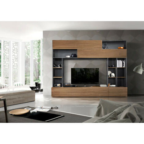 Azura Home Design – Ensemble meuble TV GEORGIO – Noyer – Longueur 277 cm – Largeur 40 cm – Hauteur 209 cm – Design contemporain avec étagères (1/2)
